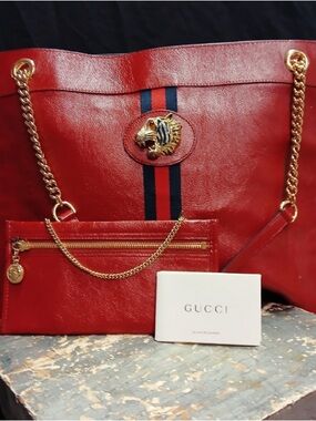 Gucci Rajah Tote w/accessory bag, Red leather, Navy & Gold trim w/enamel tiger❤️